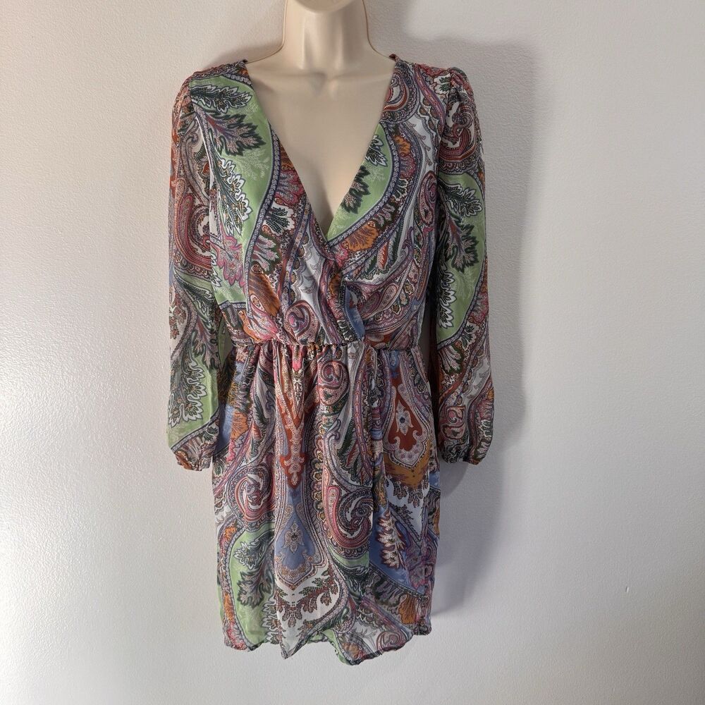 Peppermint USA Shirt Dress Wrap M Colorful Paisley Peasant V-neck Boho Hippie